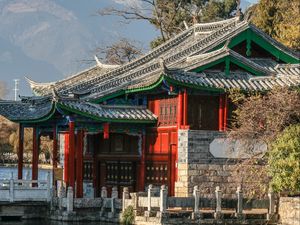 Preview wallpaper pagoda, mountains, trees, river