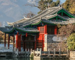 Preview wallpaper pagoda, mountains, trees, river