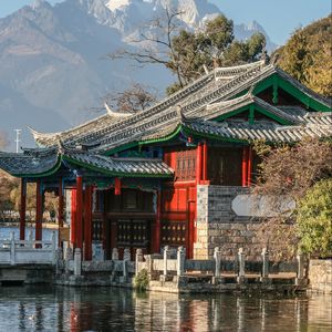 Preview wallpaper pagoda, mountains, trees, river