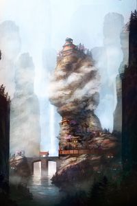 Preview wallpaper pagoda, rocks, bridge, fog, art
