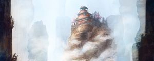 Preview wallpaper pagoda, rocks, bridge, fog, art