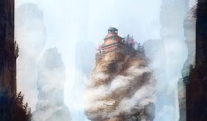 Preview wallpaper pagoda, rocks, bridge, fog, art