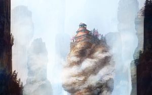 Preview wallpaper pagoda, rocks, bridge, fog, art