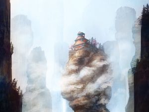 Preview wallpaper pagoda, rocks, bridge, fog, art