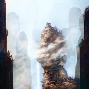 Preview wallpaper pagoda, rocks, bridge, fog, art