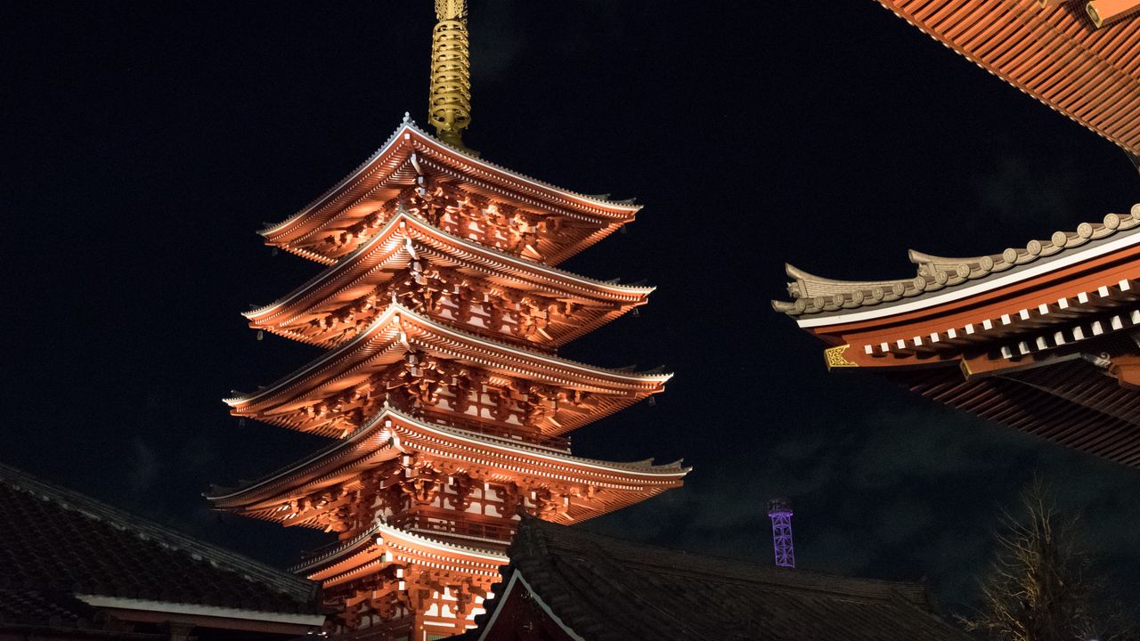 Wallpaper pagoda, roof, architecture, night