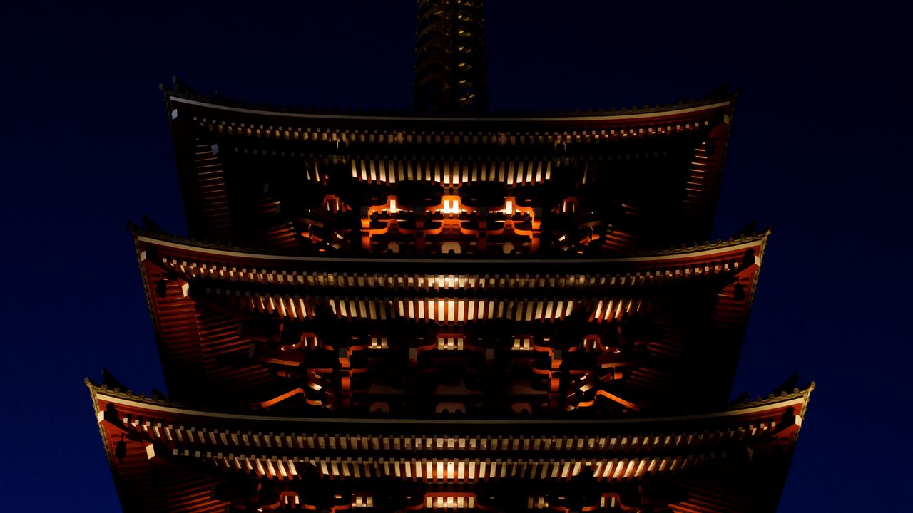 Wallpaper pagoda, roof, building, night, lighting