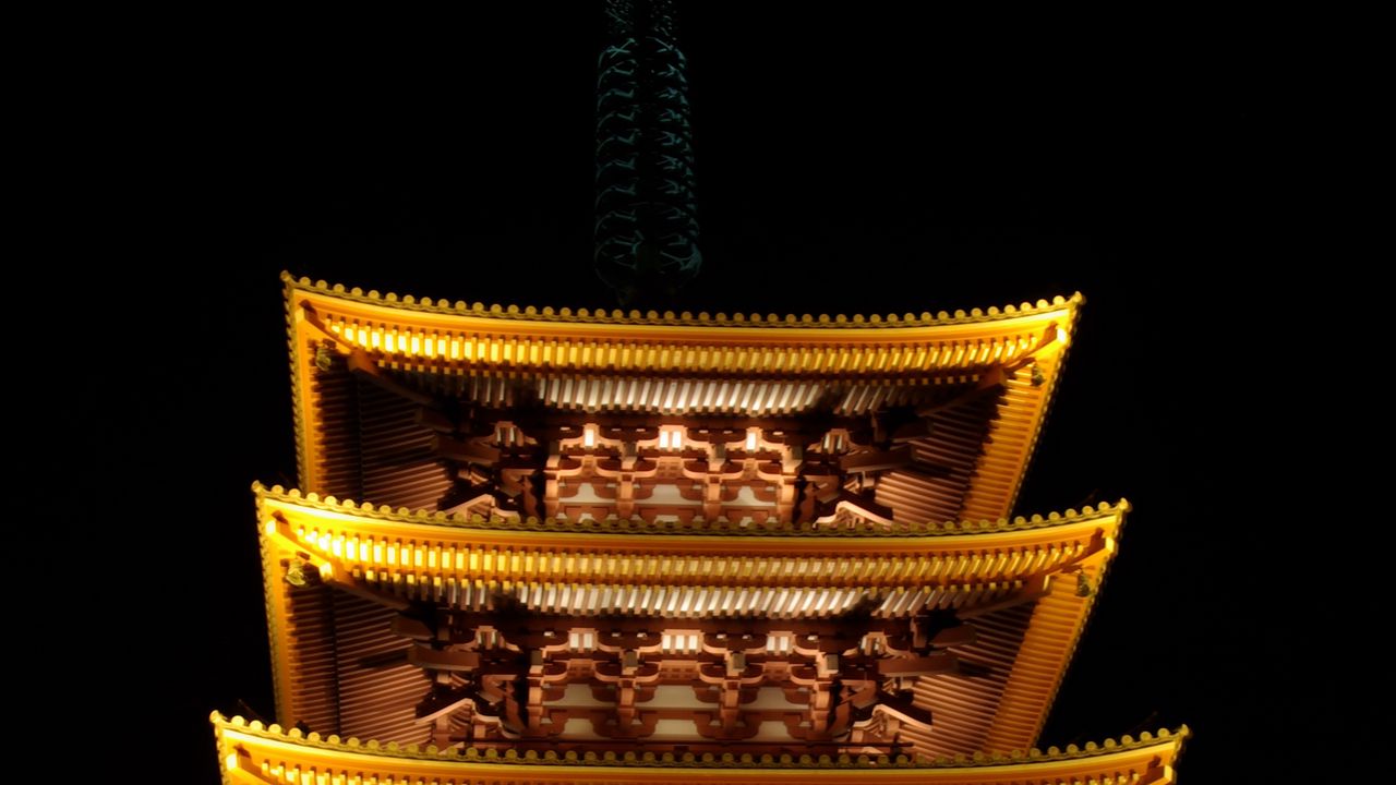 Wallpaper pagoda, roof, glow, lights, trees, branches, night