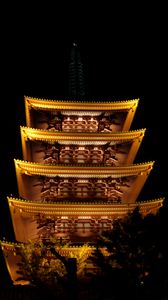 Preview wallpaper pagoda, roof, glow, lights, trees, branches, night