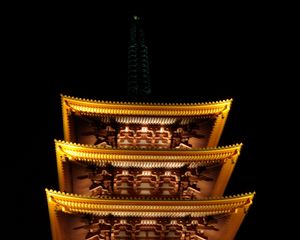 Preview wallpaper pagoda, roof, glow, lights, trees, branches, night