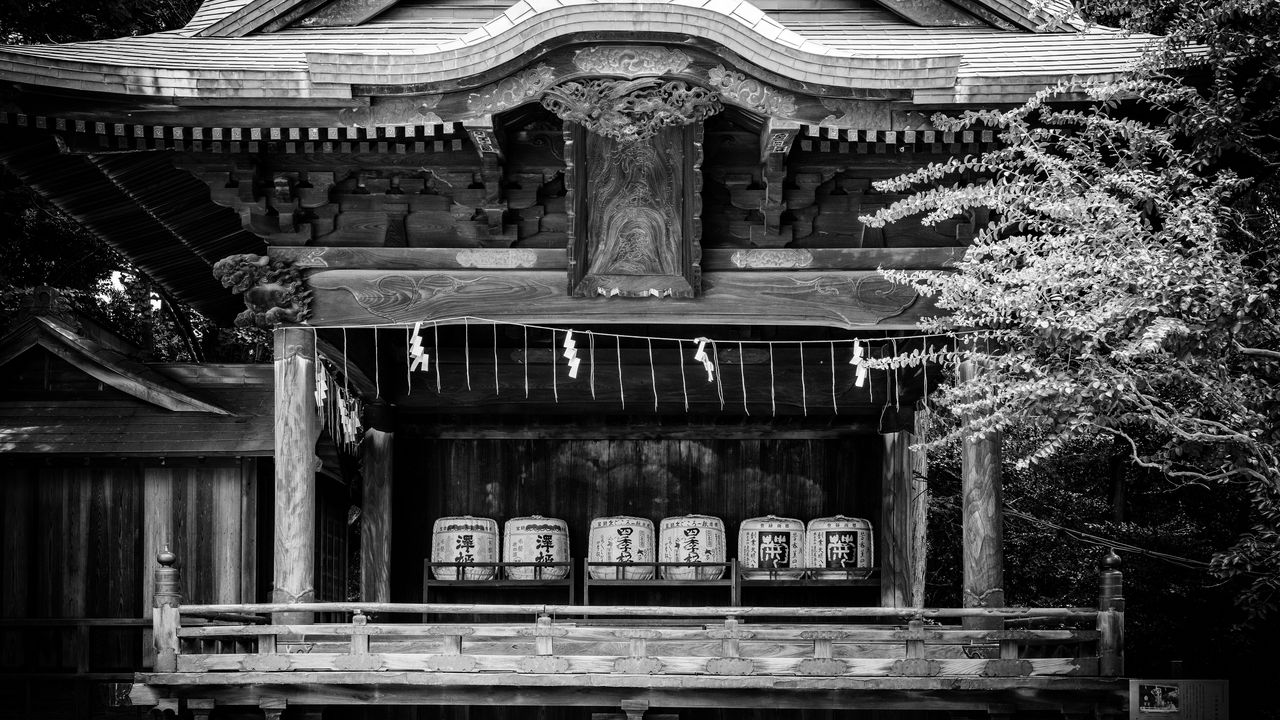 Wallpaper pagoda, roof, wooden, black and white, architecture