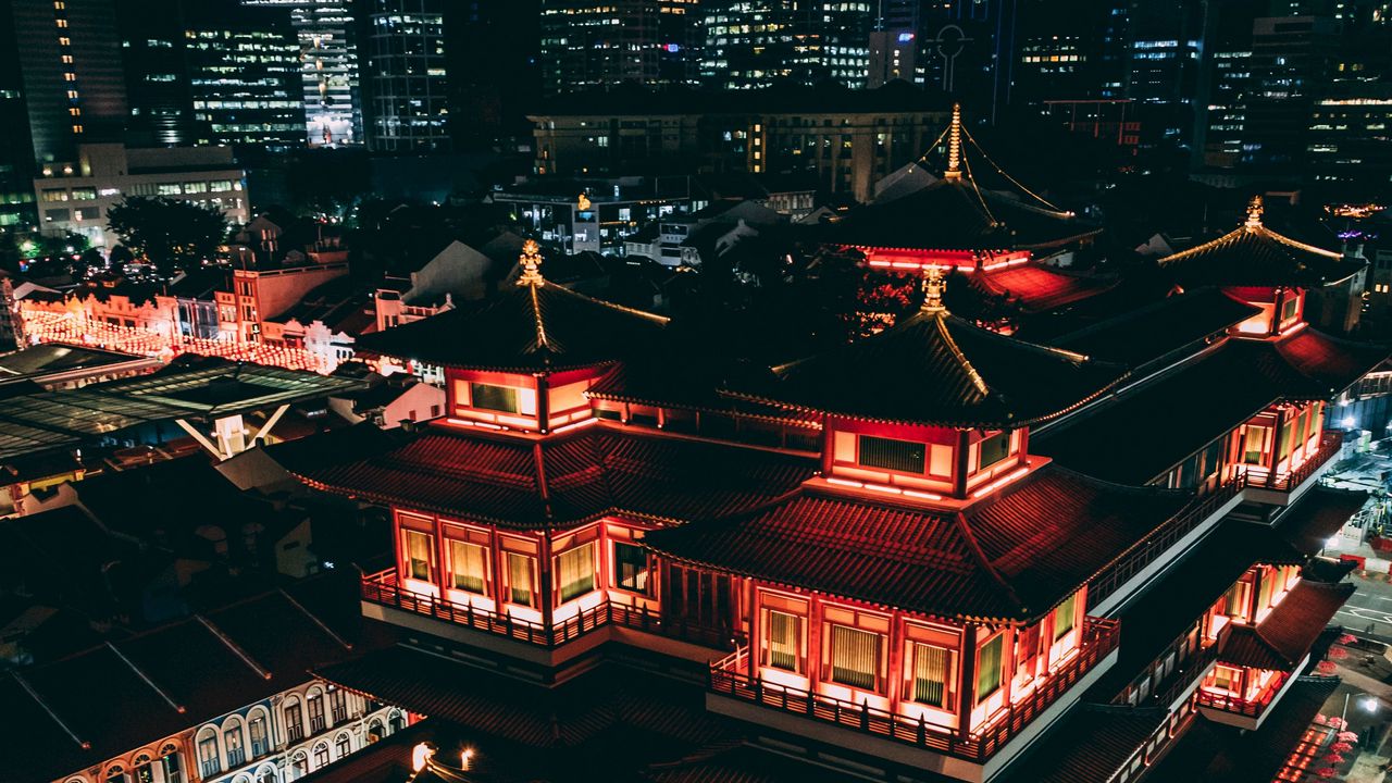 Wallpaper pagoda, roofs, architecture, china, night city, aerial view