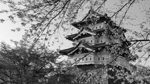 Preview wallpaper pagoda, sakura, spring, black and white, aesthetics