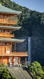 Preview wallpaper pagoda, stairs, architecture, waterfall