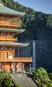 Preview wallpaper pagoda, stairs, architecture, waterfall