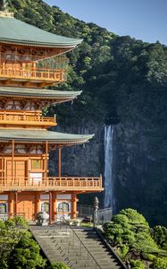 Preview wallpaper pagoda, stairs, architecture, waterfall