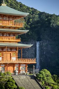 Preview wallpaper pagoda, stairs, architecture, waterfall