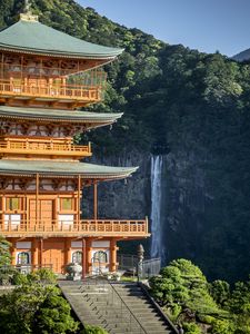 Preview wallpaper pagoda, stairs, architecture, waterfall