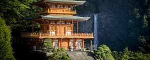 Preview wallpaper pagoda, stairs, architecture, waterfall