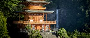 Preview wallpaper pagoda, stairs, architecture, waterfall