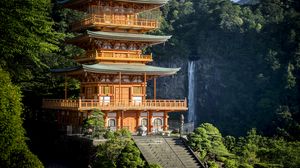 Preview wallpaper pagoda, stairs, architecture, waterfall