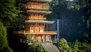 Preview wallpaper pagoda, stairs, architecture, waterfall