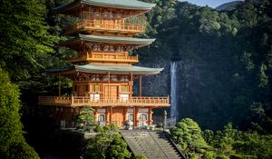 Preview wallpaper pagoda, stairs, architecture, waterfall