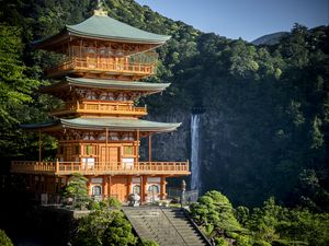 Preview wallpaper pagoda, stairs, architecture, waterfall