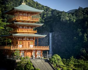 Preview wallpaper pagoda, stairs, architecture, waterfall