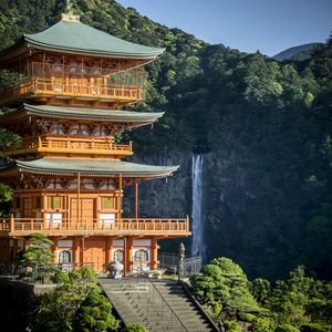 Preview wallpaper pagoda, stairs, architecture, waterfall