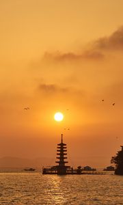 Preview wallpaper pagoda, sunset, river, dusk
