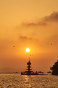 Preview wallpaper pagoda, sunset, river, dusk