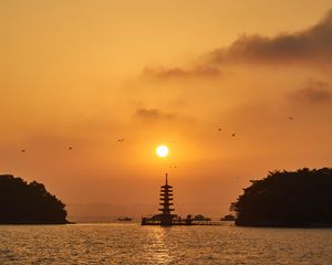 Preview wallpaper pagoda, sunset, river, dusk