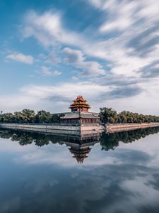 Preview wallpaper pagoda, temple, architecture, water, bushes