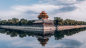 Preview wallpaper pagoda, temple, architecture, water, bushes