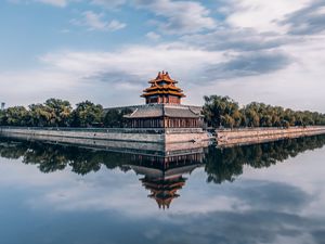 Preview wallpaper pagoda, temple, architecture, water, bushes