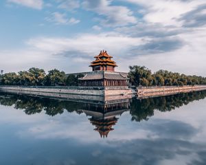 Preview wallpaper pagoda, temple, architecture, water, bushes