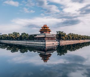 Preview wallpaper pagoda, temple, architecture, water, bushes