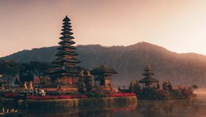 Preview wallpaper pagoda, temple, architecture, lake, reflection, twilight