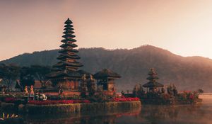 Preview wallpaper pagoda, temple, architecture, lake, reflection, twilight