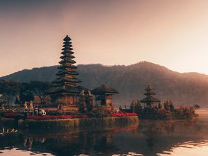 Preview wallpaper pagoda, temple, architecture, lake, reflection, twilight