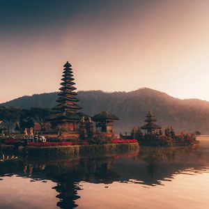 Preview wallpaper pagoda, temple, architecture, lake, reflection, twilight