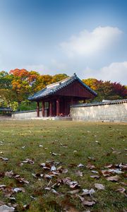 Preview wallpaper pagoda, temple, architecture, field, fence, trees, landscape