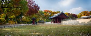 Preview wallpaper pagoda, temple, architecture, field, fence, trees, landscape