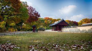 Preview wallpaper pagoda, temple, architecture, field, fence, trees, landscape