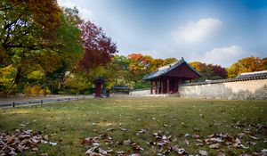 Preview wallpaper pagoda, temple, architecture, field, fence, trees, landscape