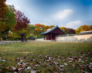 Preview wallpaper pagoda, temple, architecture, field, fence, trees, landscape