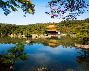 Preview wallpaper pagoda, temple, architecture, trees, lake, landscape