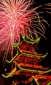 Preview wallpaper pagoda, temple, architecture, backlight, fireworks, celebration, dark