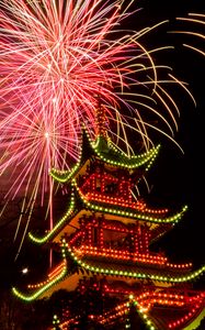 Preview wallpaper pagoda, temple, architecture, backlight, fireworks, celebration, dark